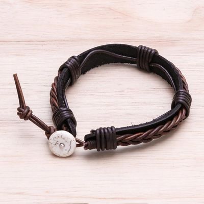 Alternate image for Leather Wristband Bracelet with Braided Accent in Brown Perfect Style in Dark Brown