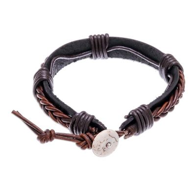 Alternate image for Leather Wristband Bracelet with Braided Accent in Brown Perfect Style in Dark Brown