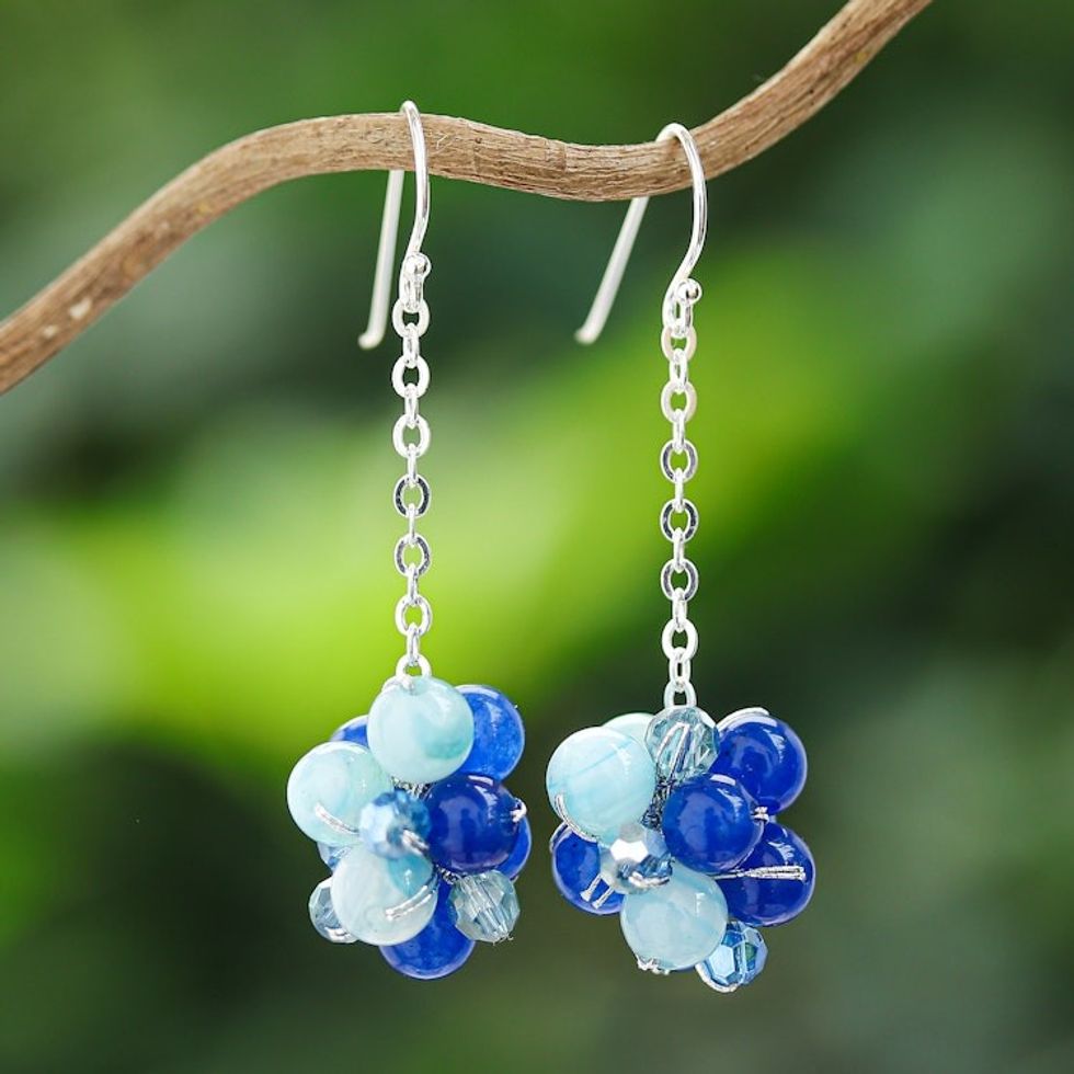 Agate and Quartz Cluster Dangle Earrings in a Blue Palette 'Ocean Feelings'