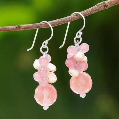 Alternate image for Pink Quartz and Cultured Pearl Beaded Dangle Earrings Soft Pink Love