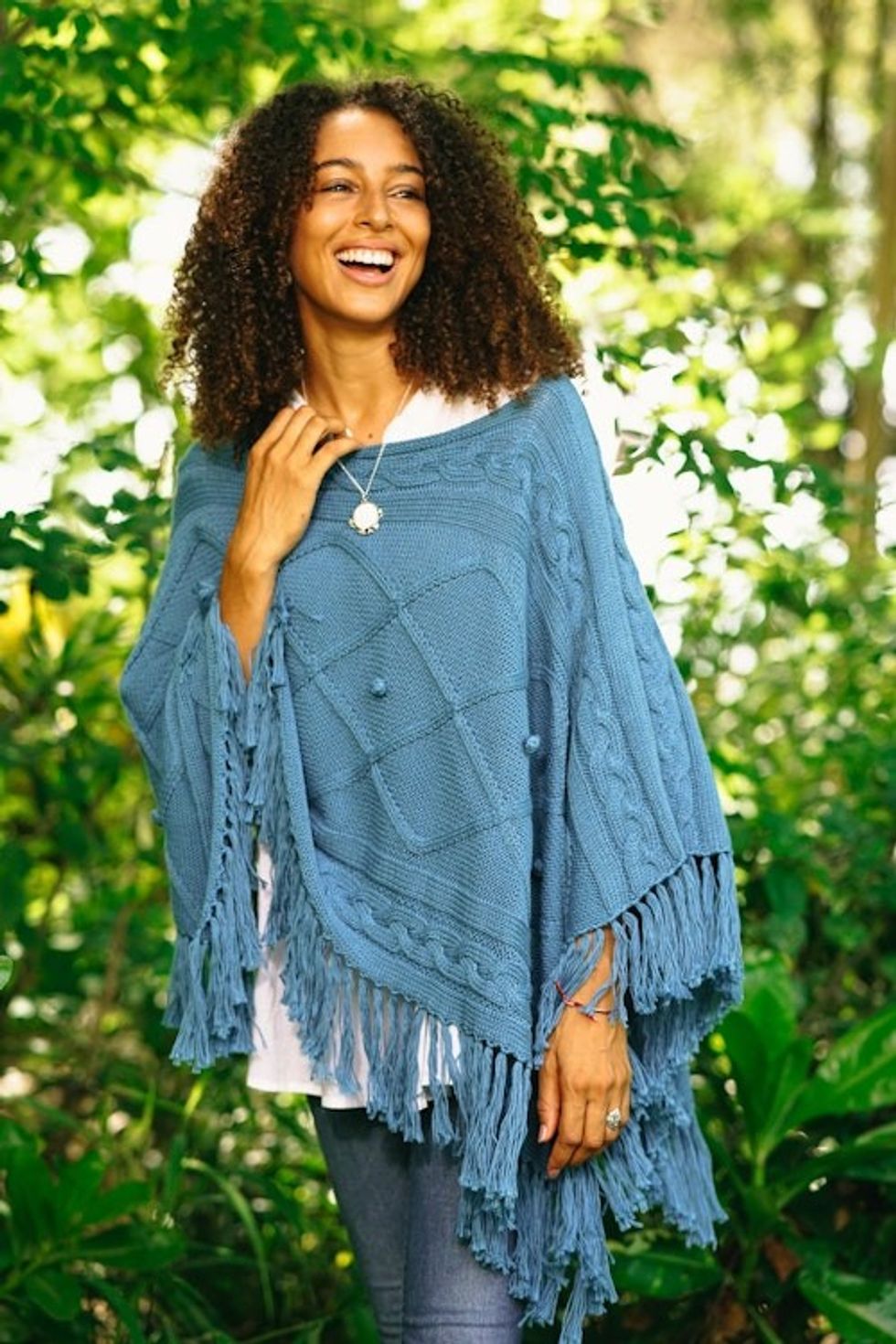 Short Knit Cotton Poncho in Cerulean from Thailand 'Charming Knit in Cerulean'