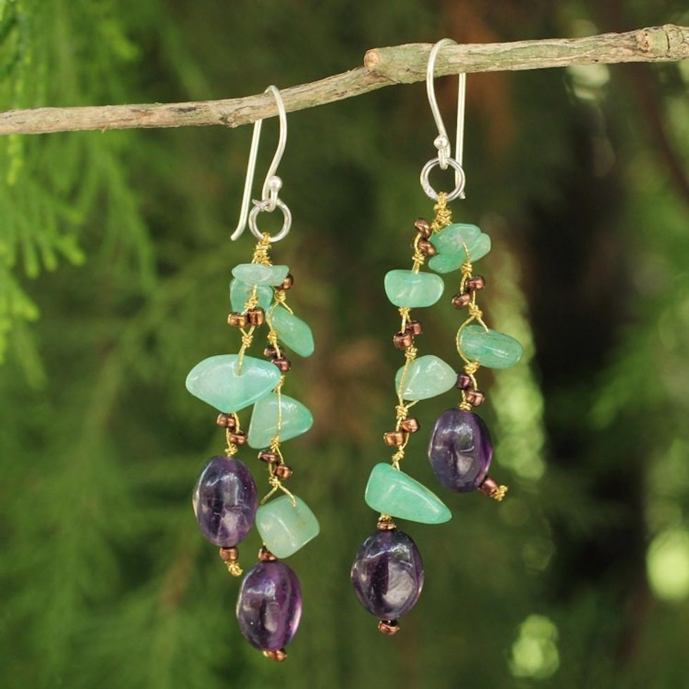 Handcrafted Aventurine and Amethyst Beaded Earrings 'Mystic Jungle'