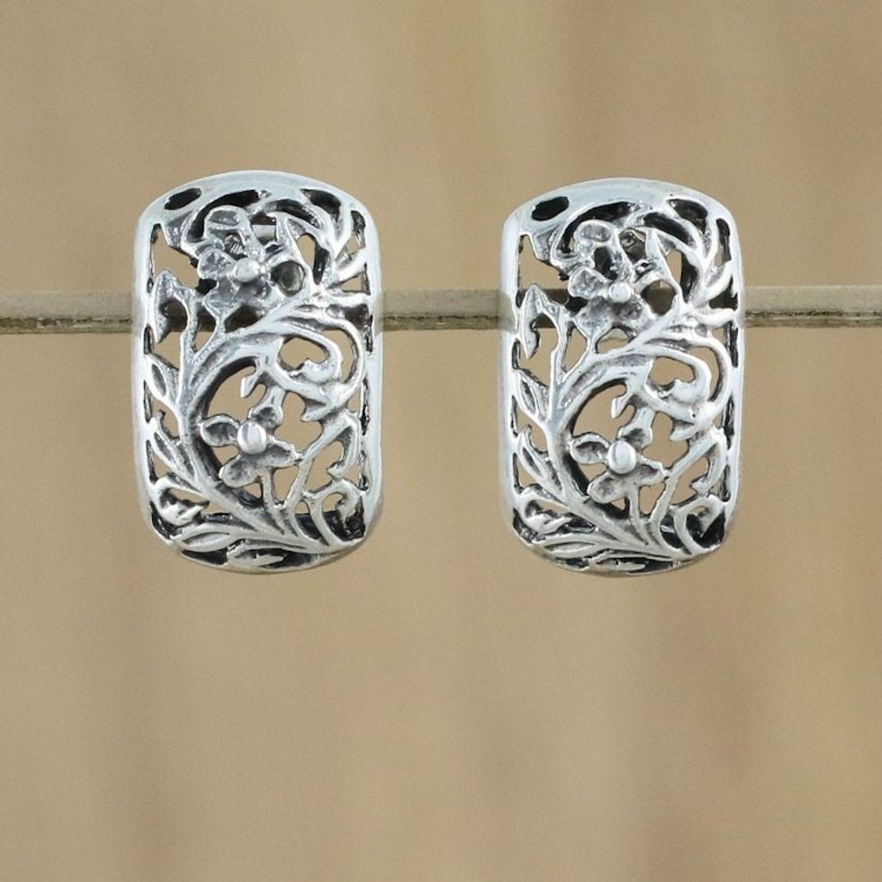 Sterling Silver Floral Drop Earrings from Thailand 'Floral World'