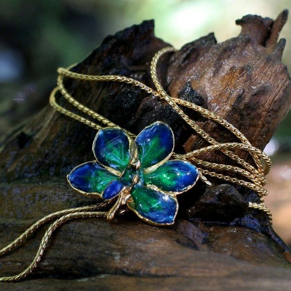 Alternate image for Fair Trade Gold Plated Natural Orchid Pendant Necklace Aqua Perfection