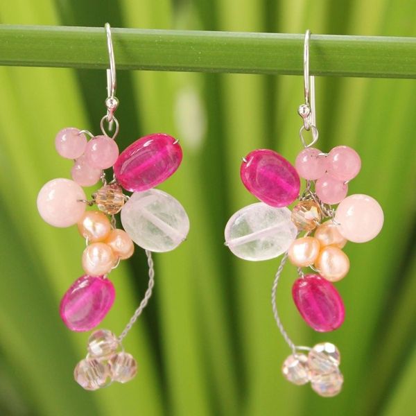 Alternate image for Handcrafted Cultured Pearl and Rose Quartz Cluster Earrings Radiant Bouquet