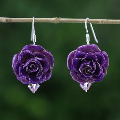 Alternate image for Natural Rose Dangle Earrings in Purple from Thailand Floral Temptation in Purple