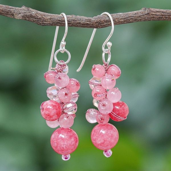Alternate image for Pink Quartz and Glass Bead Dangle Earrings Bubble Tea in Pink