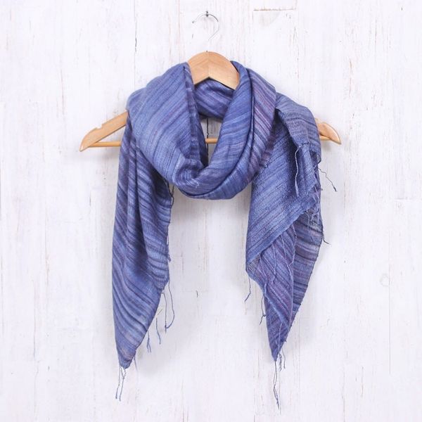 Alternate image for Handloomed Striped Blue and Plum Silk Shawl with Fringes Bold Plum