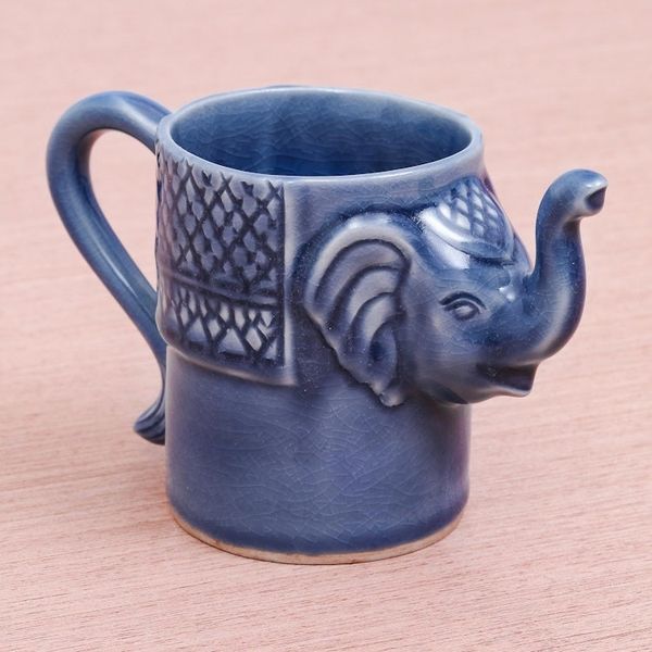 Alternate image for Blue Celadon Ceramic Elephant Mug Elephant Essence in Indigo