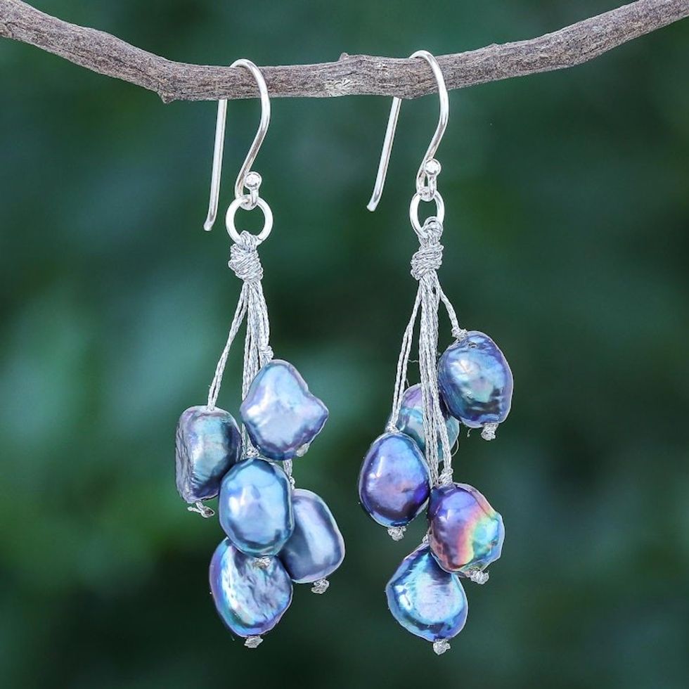 Hand Crafted Cultured Freshwater Pearl Dangle Earrings 'Mystic Pearl in Blue'