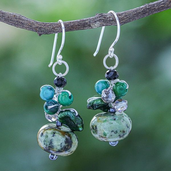 Alternate image for Multi Gemstone Dappled Green Beaded Dangle Earrings Spring Moss