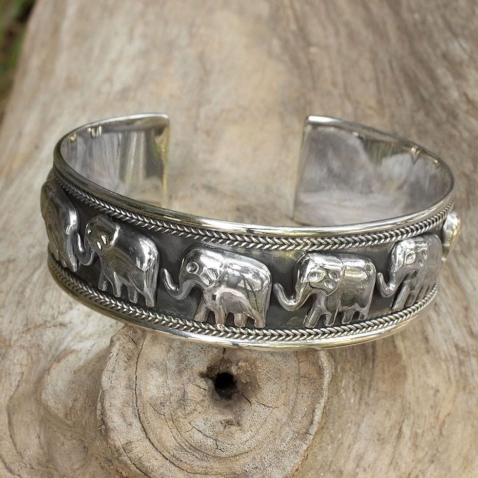 Artisan Crafted Sterling Silver Elephant Cuff Bracelet 'Grand Elephant Parade'