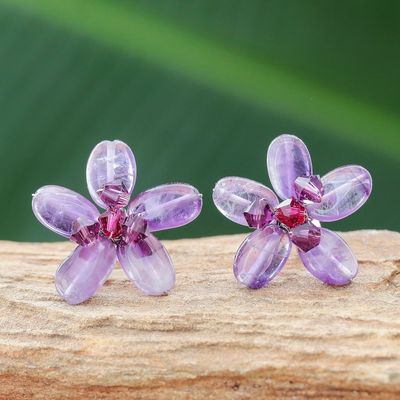 Alternate image for Hand Crafted Beaded Amethyst Earrings Peace Flower