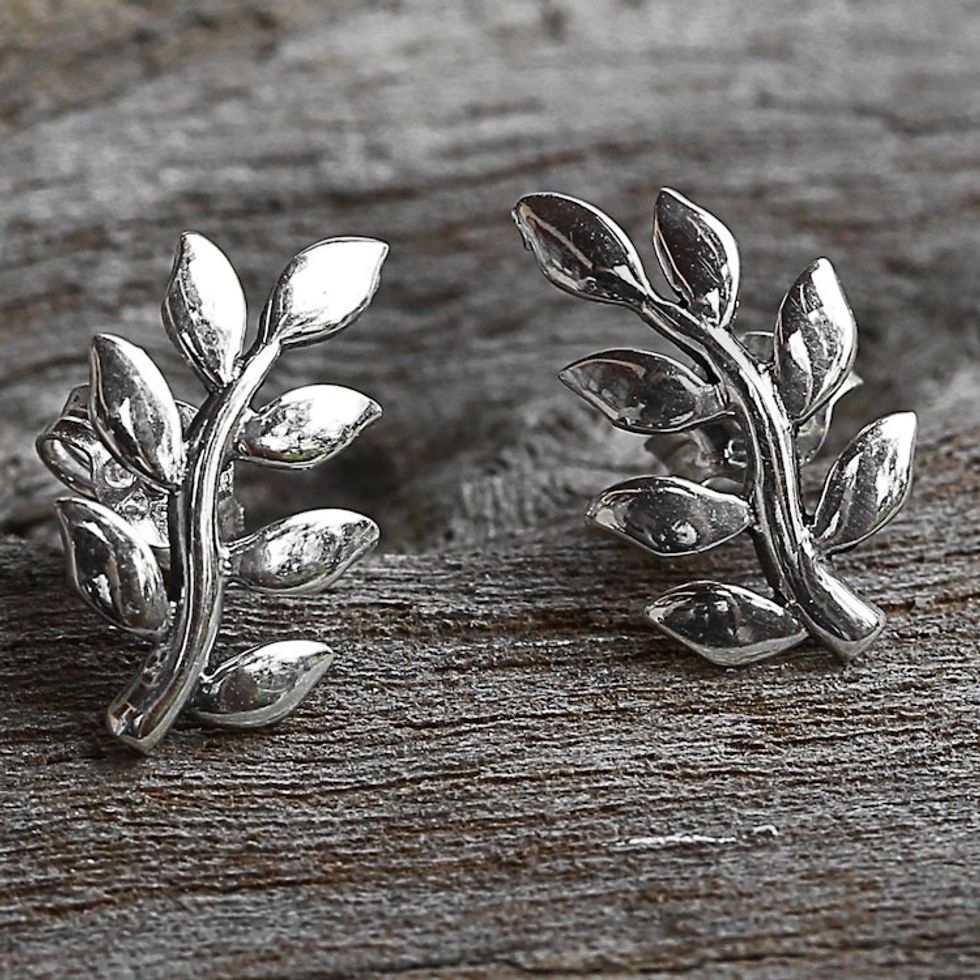 Sterling Silver Leaf Button Earrings from Thailand 'Peaceful Leaves'