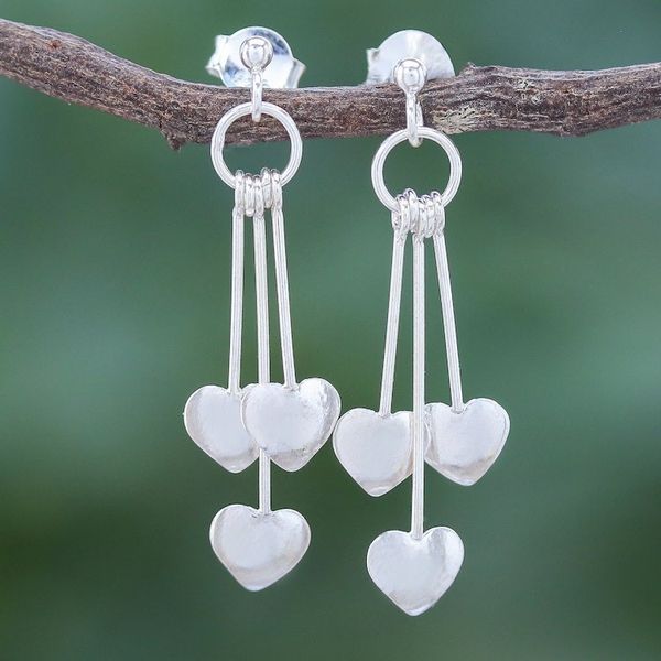 Alternate image for Sterling Silver Dangle Earrings with Heart Motif Trio of Hearts