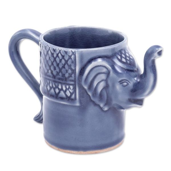 Alternate image for Blue Celadon Ceramic Elephant Mug Elephant Essence in Indigo