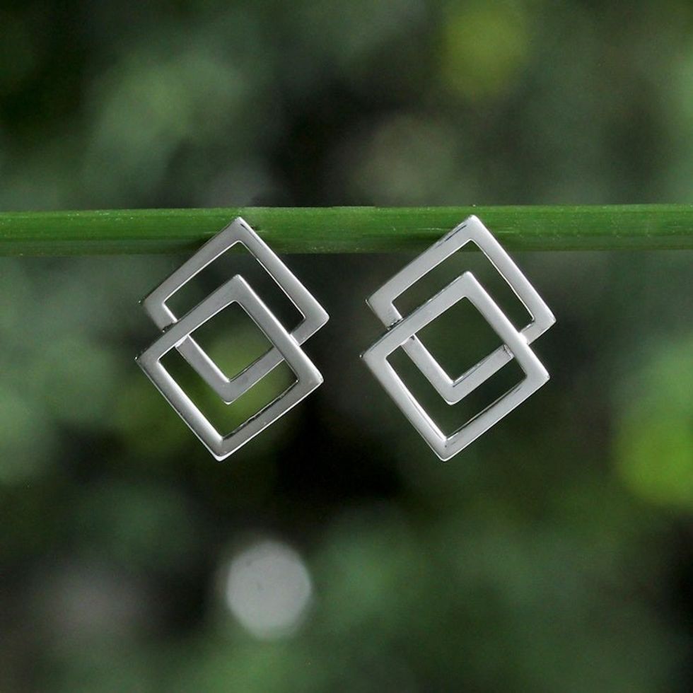 Thai Sterling Silver Square Geometric Button Earrings 'Forever Square'