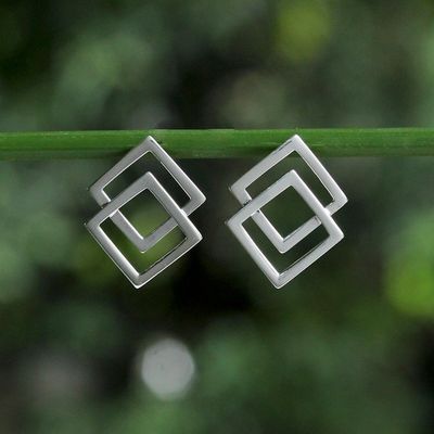 Alternate image for Thai Sterling Silver Square Geometric Button Earrings Forever Square