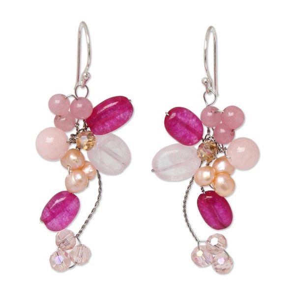 Alternate image for Handcrafted Cultured Pearl and Rose Quartz Cluster Earrings Radiant Bouquet