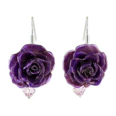 Alternate image for Natural Rose Dangle Earrings in Purple from Thailand Floral Temptation in Purple