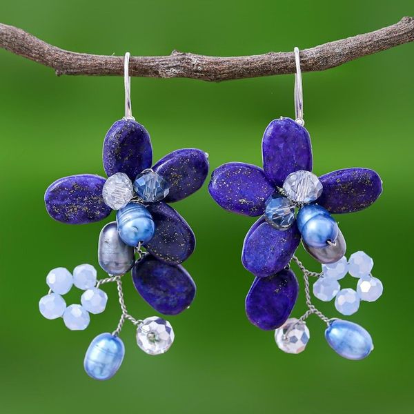 Alternate image for Lapis Lazuli and Cultured Pearl Earrings from Thailand Elegant Flora