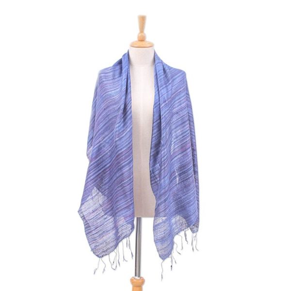 Alternate image for Handloomed Striped Blue and Plum Silk Shawl with Fringes Bold Plum