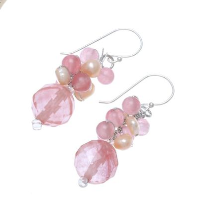 Alternate image for Pink Quartz and Cultured Pearl Beaded Dangle Earrings Soft Pink Love
