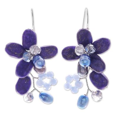 Alternate image for Lapis Lazuli and Cultured Pearl Earrings from Thailand Elegant Flora