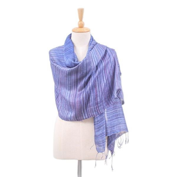 Alternate image for Handloomed Striped Blue and Plum Silk Shawl with Fringes Bold Plum
