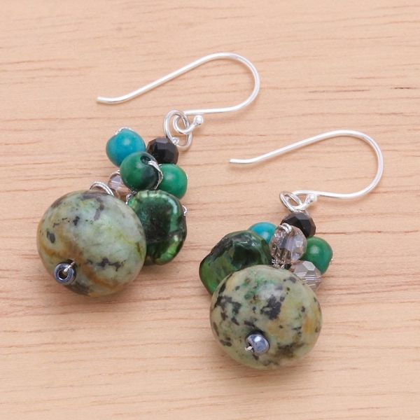 Alternate image for Multi Gemstone Dappled Green Beaded Dangle Earrings Spring Moss