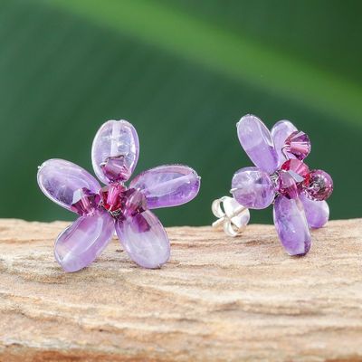 Alternate image for Hand Crafted Beaded Amethyst Earrings Peace Flower