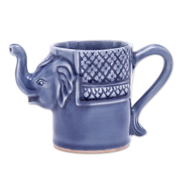Alternate image for Blue Celadon Ceramic Elephant Mug Elephant Essence in Indigo