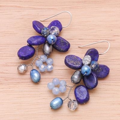Alternate image for Lapis Lazuli and Cultured Pearl Earrings from Thailand Elegant Flora
