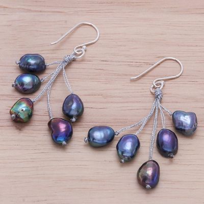 Alternate image for Hand Crafted Cultured Freshwater Pearl Dangle Earrings Mystic Pearl in Blue