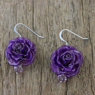 Alternate image for Natural Rose Dangle Earrings in Purple from Thailand Floral Temptation in Purple