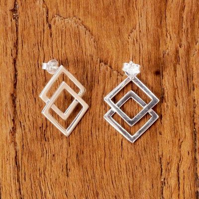 Alternate image for Thai Sterling Silver Square Geometric Button Earrings Forever Square
