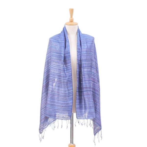 Alternate image for Handloomed Striped Blue and Plum Silk Shawl with Fringes Bold Plum