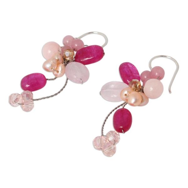 Alternate image for Handcrafted Cultured Pearl and Rose Quartz Cluster Earrings Radiant Bouquet