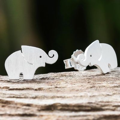 Alternate image for Sterling Silver Elephant Stud Earrings with Curled Trunks Curled Trunks