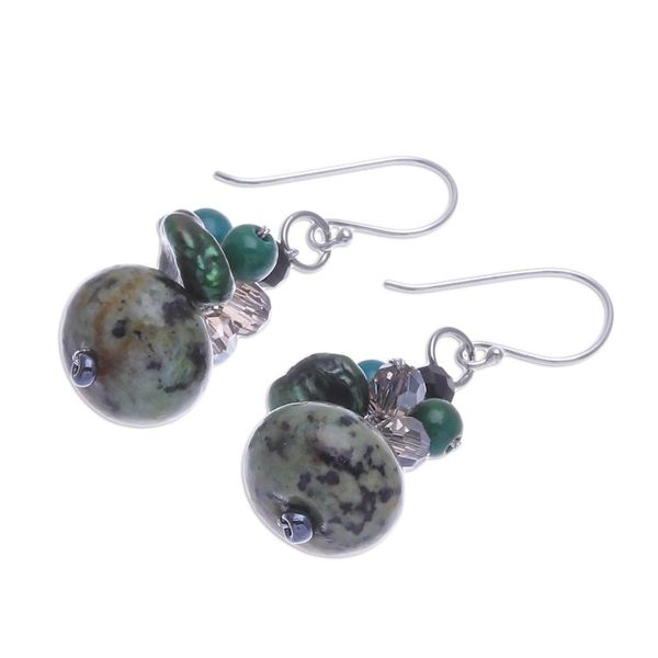 Alternate image for Multi Gemstone Dappled Green Beaded Dangle Earrings Spring Moss