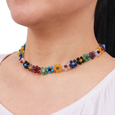 Alternate image for Colorful Multi Gemstone Flower Necklace from Thailand Rainbow Blooms