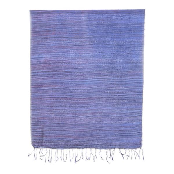 Alternate image for Handloomed Striped Blue and Plum Silk Shawl with Fringes Bold Plum
