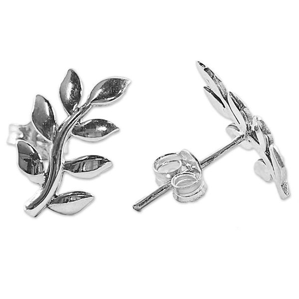 Alternate image for Sterling Silver Leaf Button Earrings from Thailand Peaceful Leaves