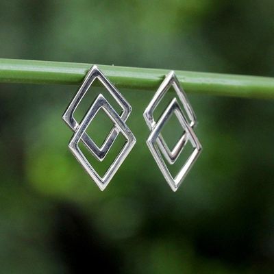 Alternate image for Thai Sterling Silver Square Geometric Button Earrings Forever Square