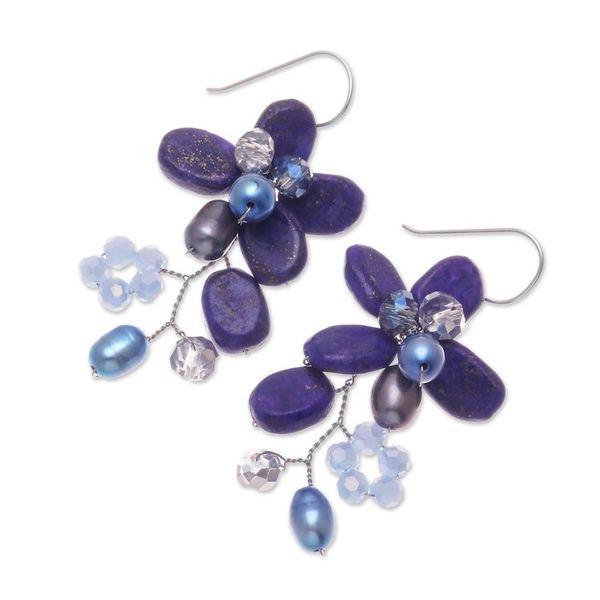 Alternate image for Lapis Lazuli and Cultured Pearl Earrings from Thailand Elegant Flora
