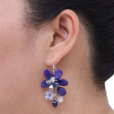 Alternate image for Lapis Lazuli and Cultured Pearl Earrings from Thailand Elegant Flora