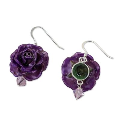 Alternate image for Natural Rose Dangle Earrings in Purple from Thailand Floral Temptation in Purple