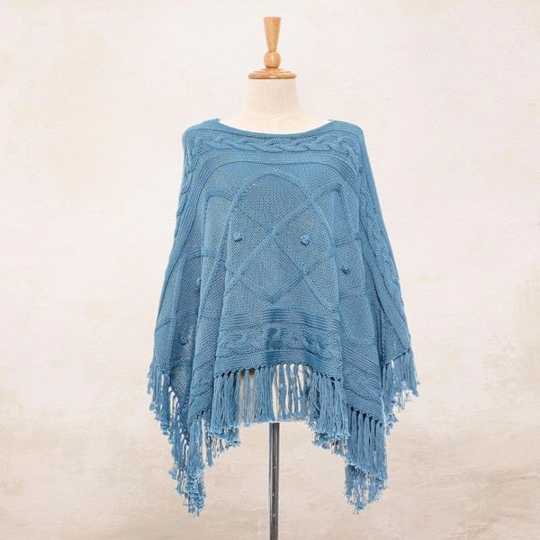 Alternate image for Short Knit Cotton Poncho in Cerulean from Thailand Charming Knit in Cerulean