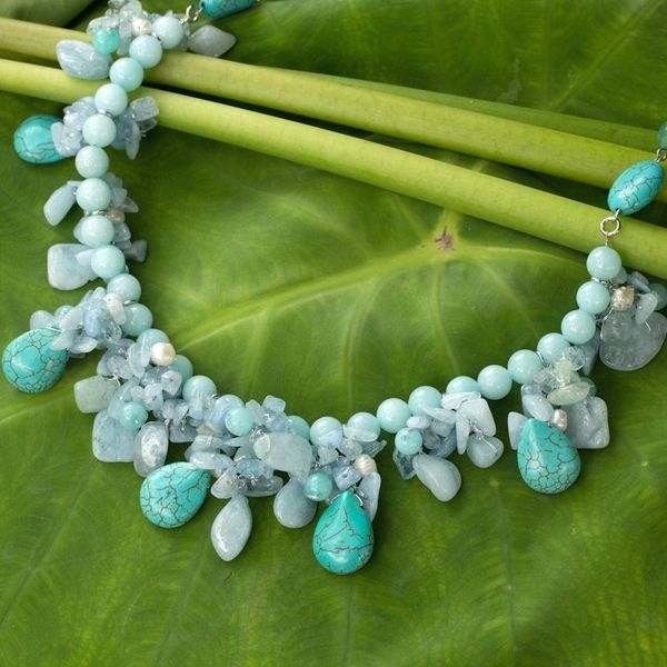 Alternate image for Artisan Crafted Pearl Aquamarine Blue Calcite Necklace Cool Beauty