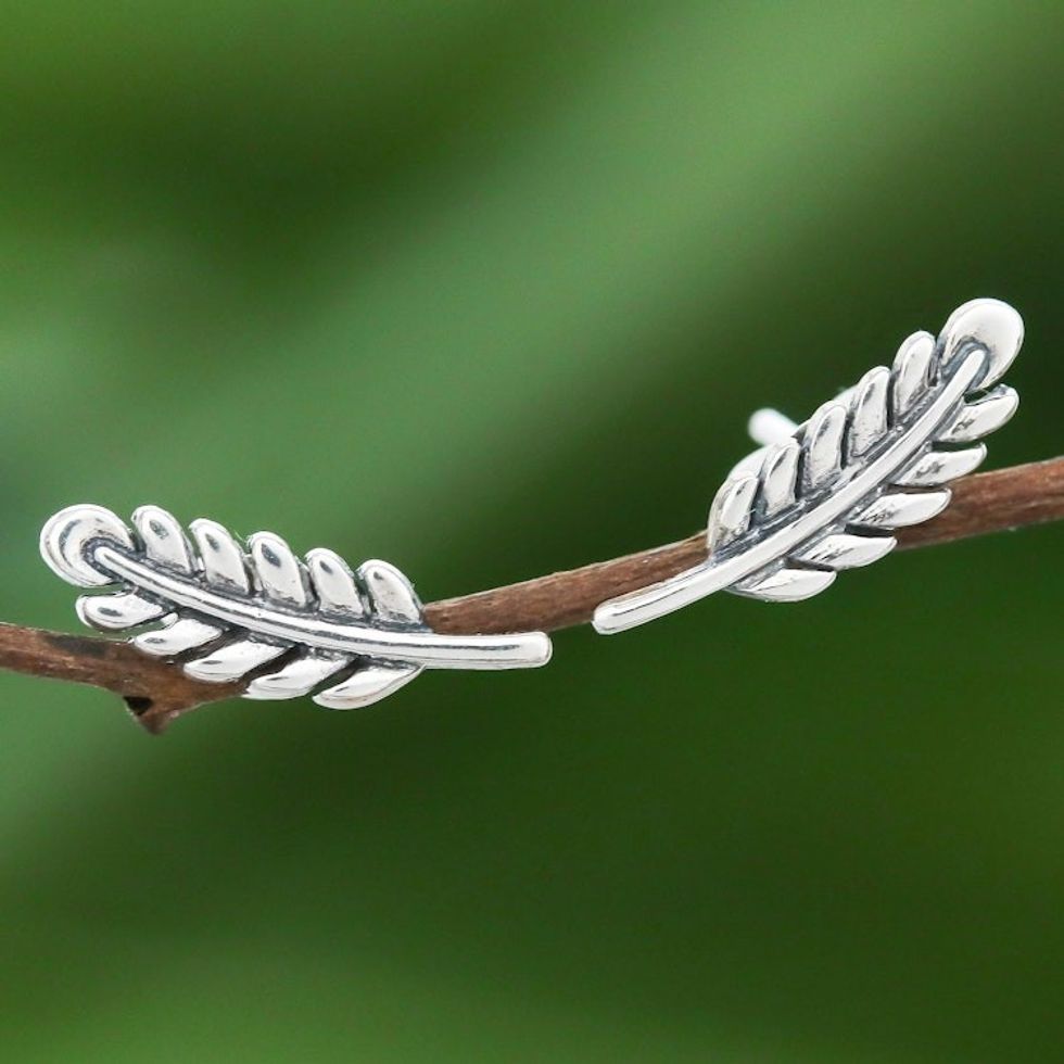 Leafy Sterling Silver Button Earrings from Thailand 'Adorable Leaves'